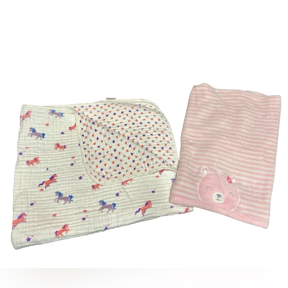 EUC - Bundle of Two Baby Girl Blankets - Unicorns, Polka Dots and Teddy Bear